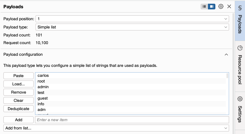 Setting the payloads for brute-forcing a login