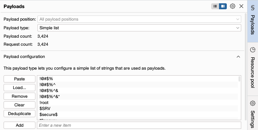 Adding a list of payloads for brute-forcing a password with a dictionary attack