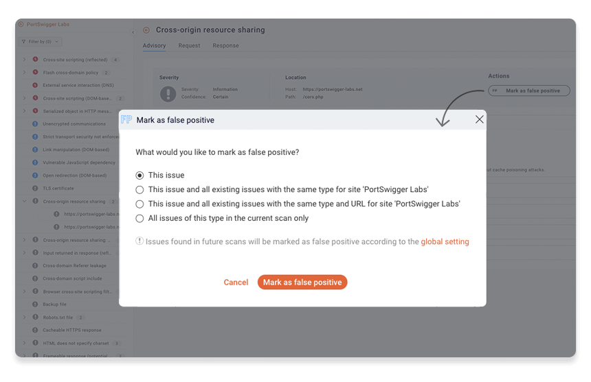 Marking an issue as a false positive in Burp Suite Enterprise Edition