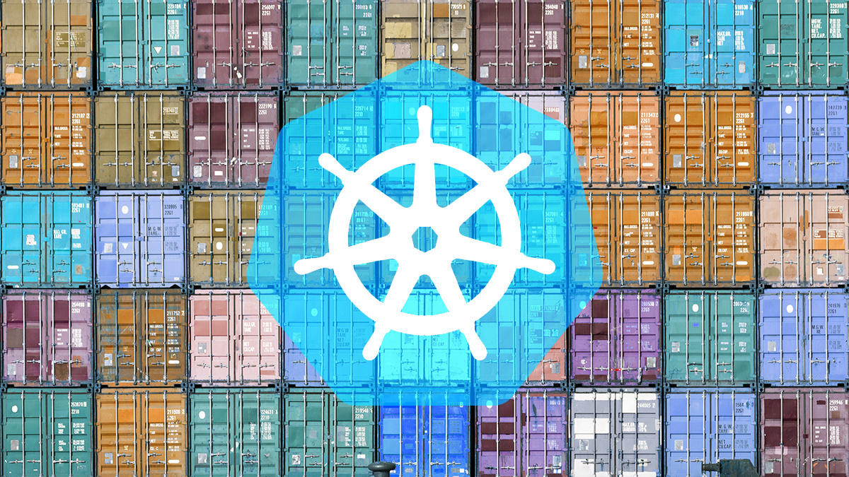 Shipping containers overlaid with Kubernetes logo