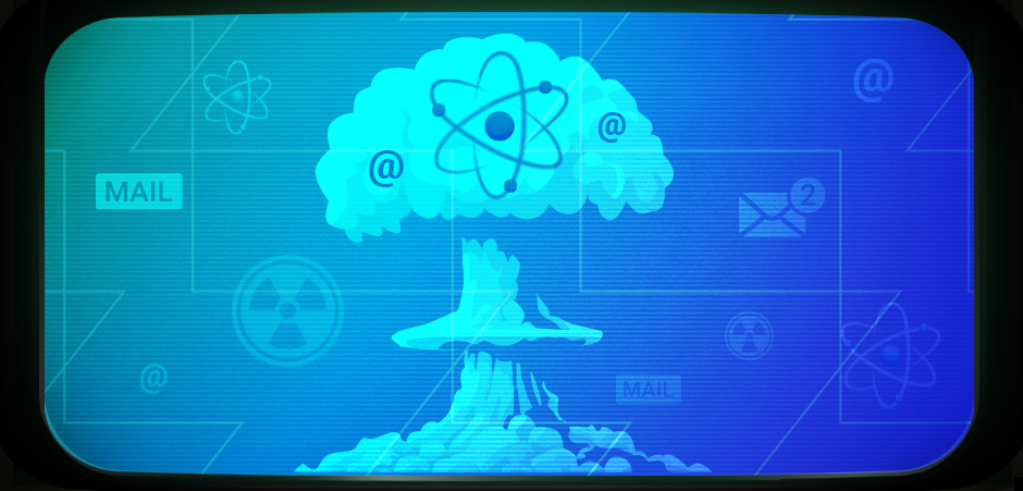 Shows a nuclear explosion with email icons