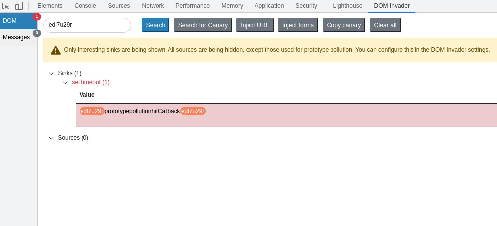 A screenshot showing DOM Invader's augmented DOM view with setTimeout sink being displayed
