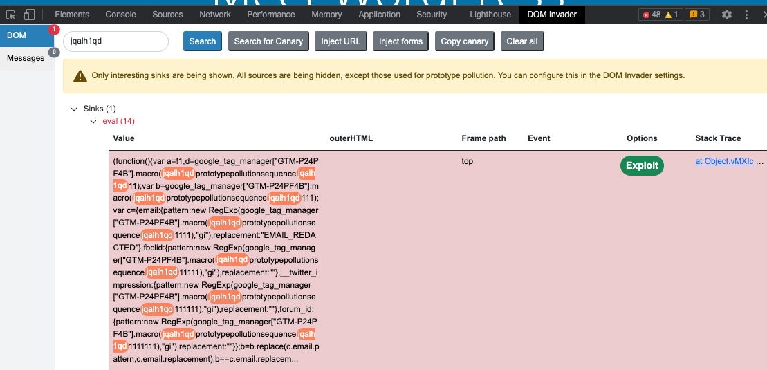 A screenshot showing DOM Invader's augmented DOM view with an eval sink being displayed