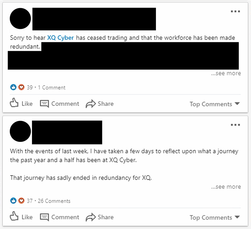 The closure of XQ Cyber is being discussed on LinkedIn