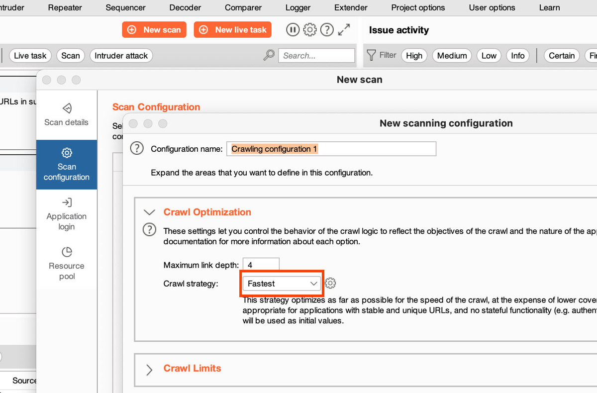 Burp Scanner's Fastest crawl strategy - shown in Burp Suite Professional