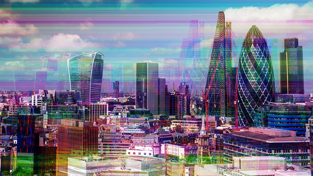 London cityscape with television glitch and distortion mapped over skyline